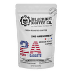 White coffee bag from Blackout Coffee Co. with 2nd Amendment design on a white background