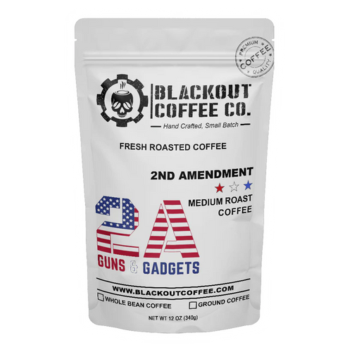 White coffee bag from Blackout Coffee Co. with 2nd Amendment design on a white background