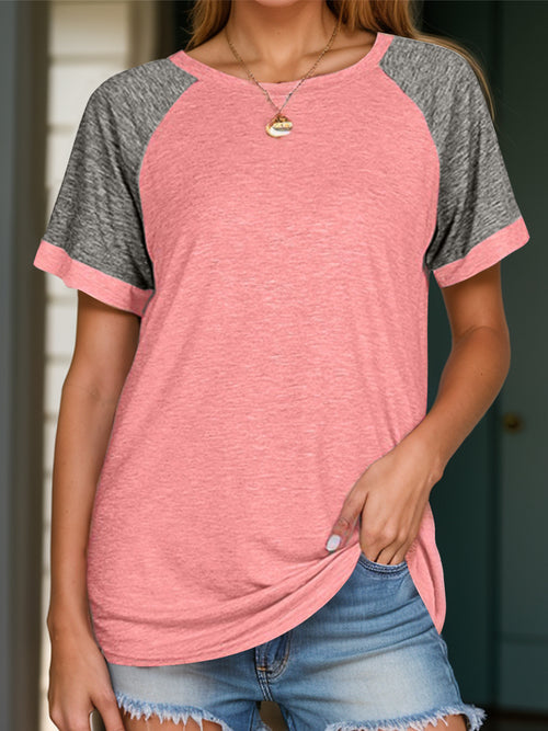 Full Size Contrast Round Neck Short Sleeve T-Shirt - Basic Style in 6 Awesome Colors, Sizes S-3XL