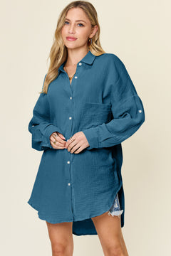 Double Take Full Size Pocketed Texture Button Up Shirt - Versatile Layering Piece for Every Occasion