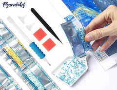 Diy diamond painting kit with materials on a white background