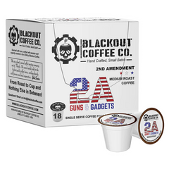 Box of Blackout Coffee Co. 2nd Amendment coffee pods with a single pod on a white background.
