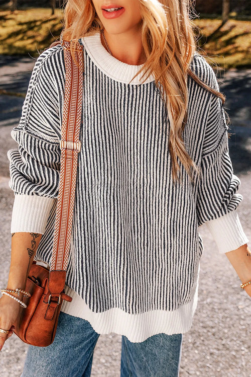 Versatile Round Neck Striped Dropped Shoulder Sweater – Cozy & Stylish