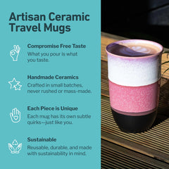 Artisan ceramic travel mug with text highlighting features on a teal background