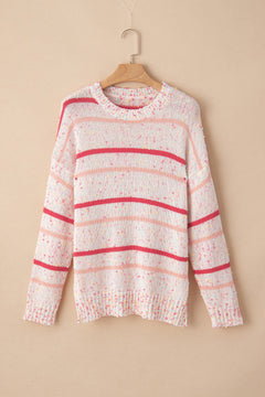 Pink & White Confetti Round Neck Dropped Shoulder Sweater – Cozy & Fun