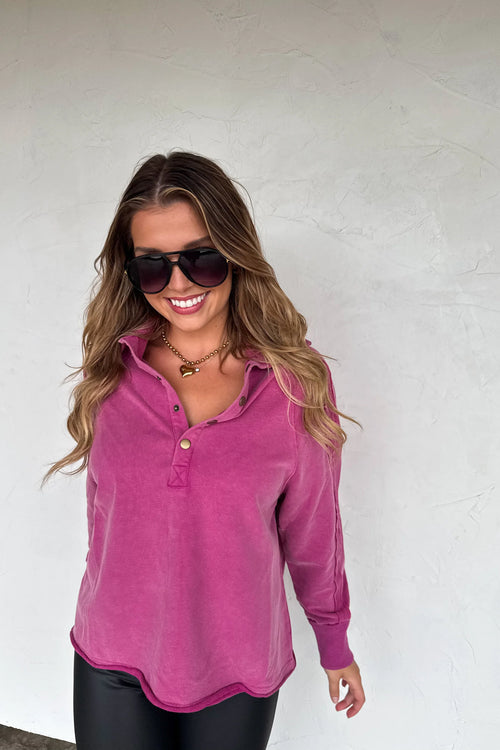 Longer Length Marley Snap Button Sweatshirt – Vintage Black, Magenta, Rust & Grey