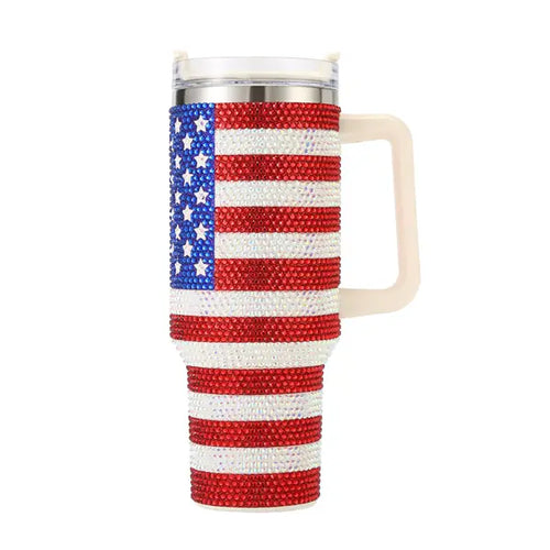 USA Flag Rhinestone 40oz Tumbler – Bold, Sparkly, All-American Style
