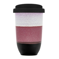 Multicolored ceramic mug with black lid on a white background