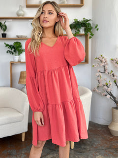 Double Take Full Size V-Neck Balloon Sleeve Tiered Dress (Sizes S-3XL)