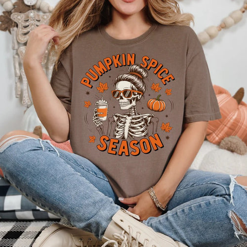 Model wearing espresso PSL skeleton shirt with jeans