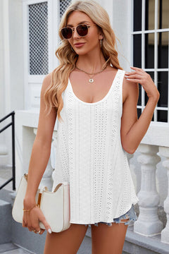 Front view of Florira Eyelet Round Neck Tank in white – stylish & breathable summer top.