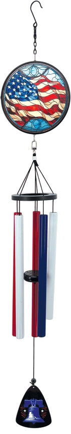 Liberty Song Patriotic Wind Chime with stained-glass style American flag top and red white and blue tubes hanging vertically
