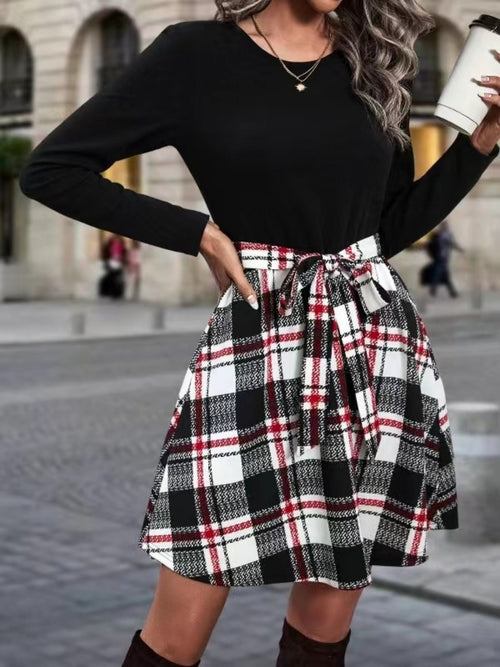 Chic Tied Plaid Round Neck Long Sleeve Dress with Slight Stretch