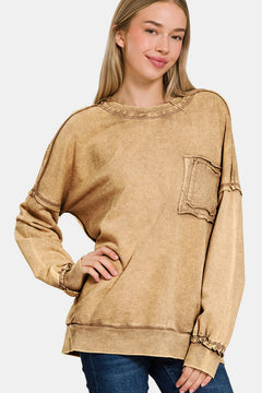 Zenana Exposed Seam Round Neck Dropped Shoulder Sweatshirt - Trendy & Comfortable Casual Wear