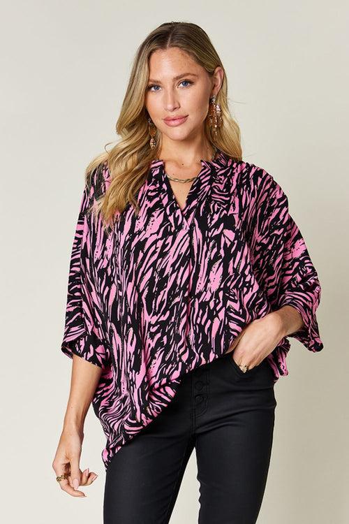 Double Take Full Size Printed Notched Three-Quarter Sleeve Blouse - Sizes Small to 3XL