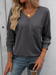 V-Neck Long Sleeve Top - Sizes S-2XL - 6 Colors