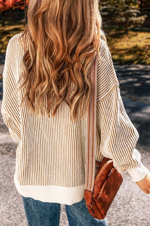 Versatile Round Neck Striped Dropped Shoulder Sweater – Cozy & Stylish