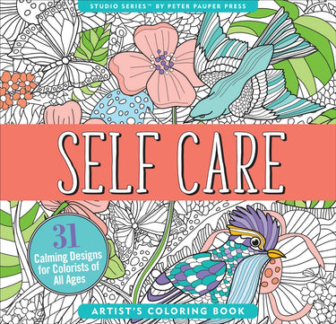 Coloring book titled 'Self Care' with floral and bird designs on a white background.