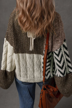 Brown Color Block Patchwork Knit Sweater – Plus Size