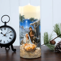 A Savior Is Born Nativity fiber optic candle