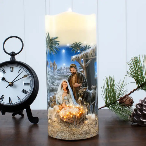 A Savior Is Born Nativity fiber optic candle