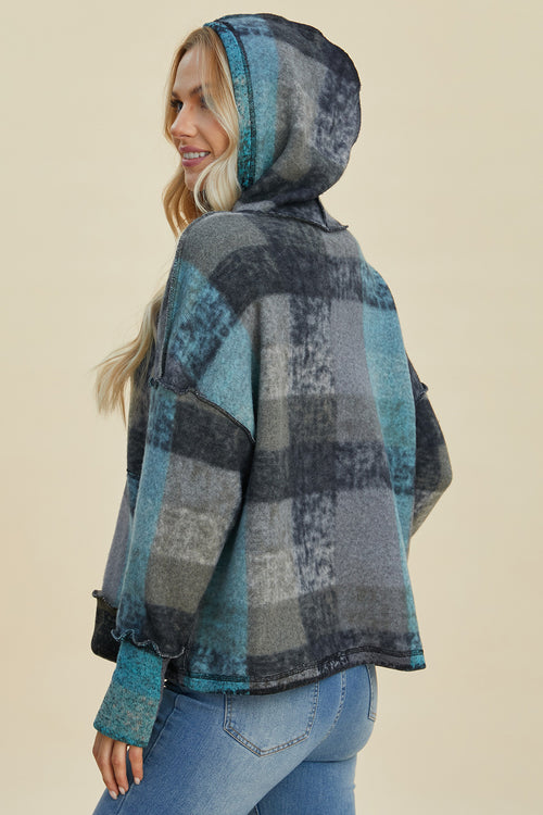 Double Take Full Size Plaid Dropped Shoulder Hoodie - Sizes Small through 3XL