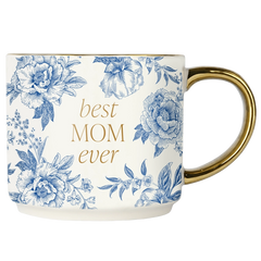 Best Mom Ever Coffee Mug – 14oz Blue Floral Gold Handle Gift