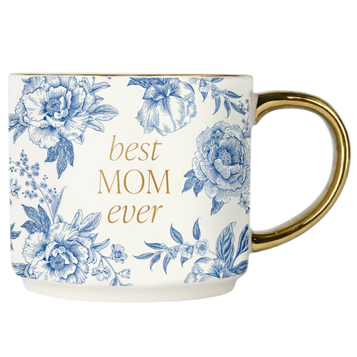 Best Mom Ever Coffee Mug – 14oz Blue Floral Gold Handle Gift