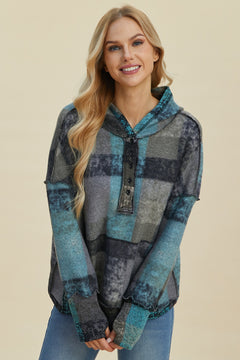 Double Take Full Size Plaid Dropped Shoulder Hoodie - Sizes Small through 3XL