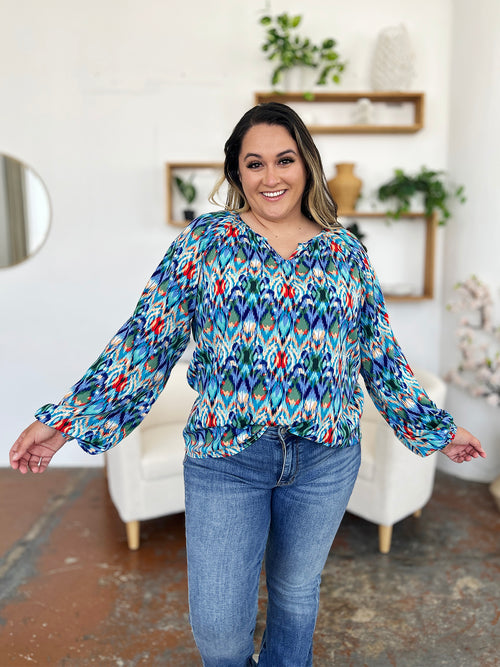 Double Take Full Size Printed Balloon Sleeve Blouse | Sizes S-3XL