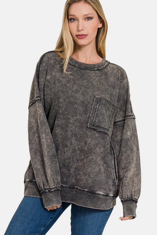 Zenana Exposed Seam Round Neck Dropped Shoulder Sweatshirt - Trendy & Comfortable Casual Wear - Ash Black