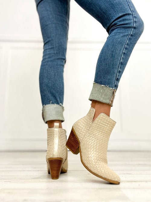 Come And Get It – Metallic Gold Weave Bootie by Corkys (Sizes 7–11)