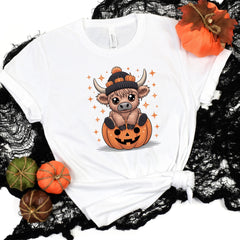Cow on Pumpkin Graphic Tee – Heather Orange, Heather Purple, or White (S–4XL)