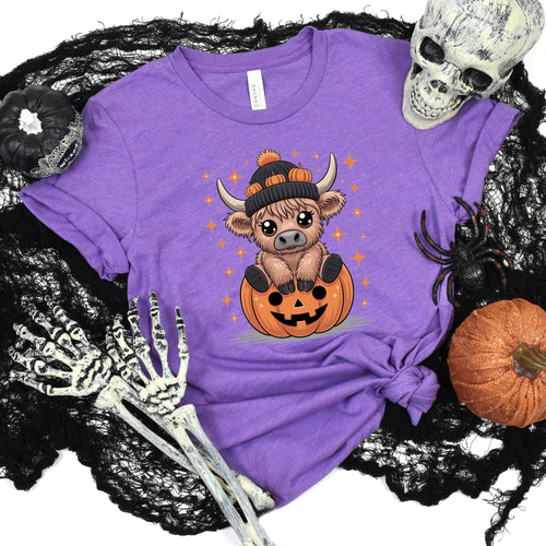 Cow on Pumpkin Graphic Tee – Heather Orange, Heather Purple, or White (S–4XL)