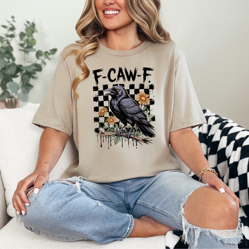 F-CAW-F Crow & Wildflower Graphic Tee – Vintage Grunge Checkerboard Shirt