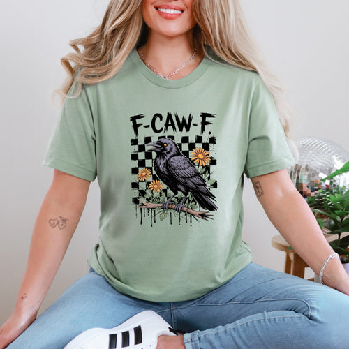 F-CAW-F Crow & Wildflower Graphic Tee – Vintage Grunge Checkerboard Shirt
