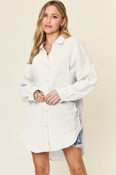 Double Take Full Size Pocketed Texture Button Up Shirt - Versatile Layering Piece for Every Occasion