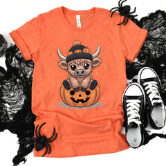 Cow on Pumpkin Graphic Tee – Heather Orange, Heather Purple, or White (S–4XL)