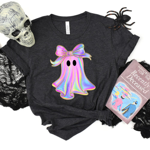 Shiny Ghost Graphic Tee – Black, Dark Heather Grey, or Heather Purple (S–4XL)