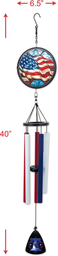 Patriotic stained-glass style American flag wind chime measuring 40 inches long with Liberty Bell wind catcher