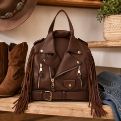A brown vegan-leather biker-style handbag with fringe, set on a wooden shelf next to boots, a cowboy hat, and a denim jacket.