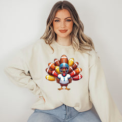 Model wearing Football Turkey Graphic Tee featuring a cartoon turkey with football feathers and a helmet
