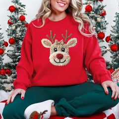Yarn Reindeer Chenille Sweatshirt — Red, Black, Sand (S–4XL)
