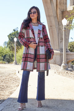 Double Take Full Size Plaid Button Up Lapel Collar Coat – Sizes Small to 3XL