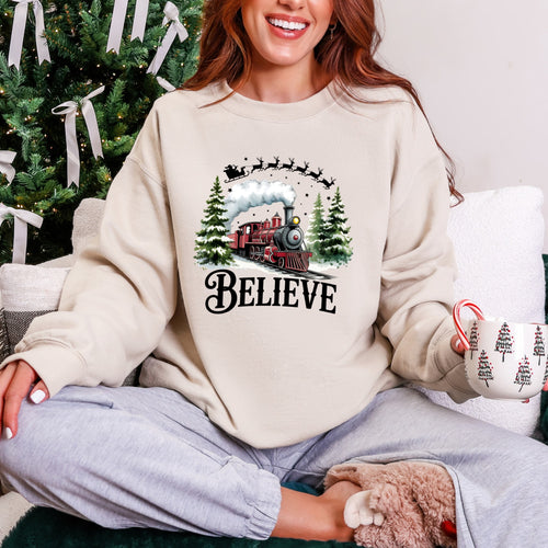 Believe North Pole Train Sweatshirt in Sand – holiday unisex Christmas top