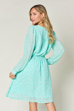 Double Take Full Size Printed Ruched V-Neck Long Sleeve Dress (Sizes S-3XL)