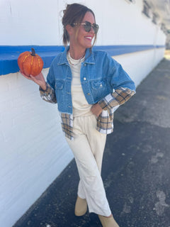 Fall Essential: Telluride Denim & Plaid Jacket – Chic Layers in Sizes Small to X-Large (Pre-Order by 9/10/2024)