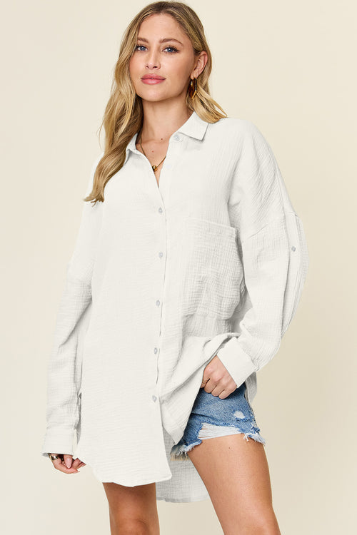 Double Take Full Size Pocketed Texture Button Up Shirt - Versatile Layering Piece for Every Occasion