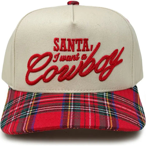 Santa I Want a Cowboy embroidered cap with red plaid brim