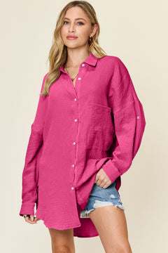 Double Take Full Size Pocketed Texture Button Up Shirt - Versatile Layering Piece for Every Occasion